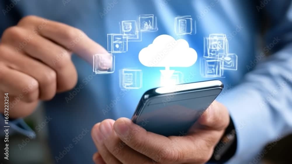 Poster a close-up of a person using a smartphone with cloud computing icons symbolizing data transfer, illu