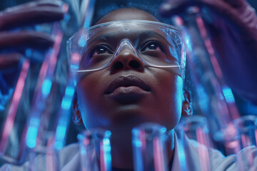 Female scientist analyzing glowing laboratory test tubes