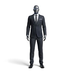 Male humanoid android wearing elegant tailored business suit with tie, metallic synthetic face with glowing accents, standing in formal confident posture, isolated on pure white background.
