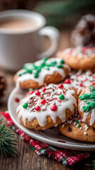 Colorful iced Christmas cookies with frosting dots stripes and sparkling sprinkles.
Homemade joy creativity and sharing captured in a delicious holiday baking scene