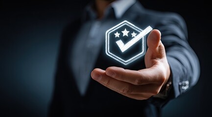 A businessman presents a glowing quality assurance symbol, signifying high standards and verified excellence