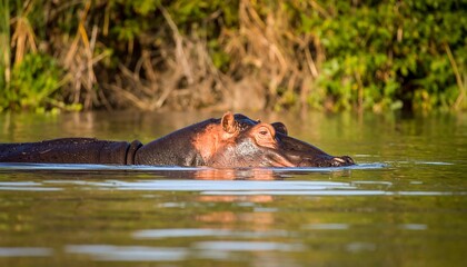Fototapeta premium A hippopotamus rests peacefully in the tranquil waters of a swampy area, its head just above the surface.