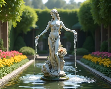 Fountain Statue in Garden Courtyard: A decorative fountain statue placed in the center of a garden courtyard, surrounded by flowing water and flowers.
