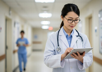 Asian female doctor in white coat and glasses uses a tablet in a hospital hallway, with another medical professional visible in the background.