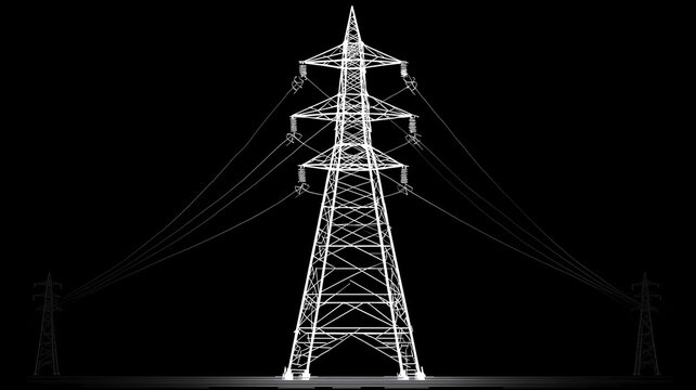 High voltage transmission tower illustrated in stark white with extended power lines against a deep black background.     A bold engineering concept portraying energy distribution networks reliability