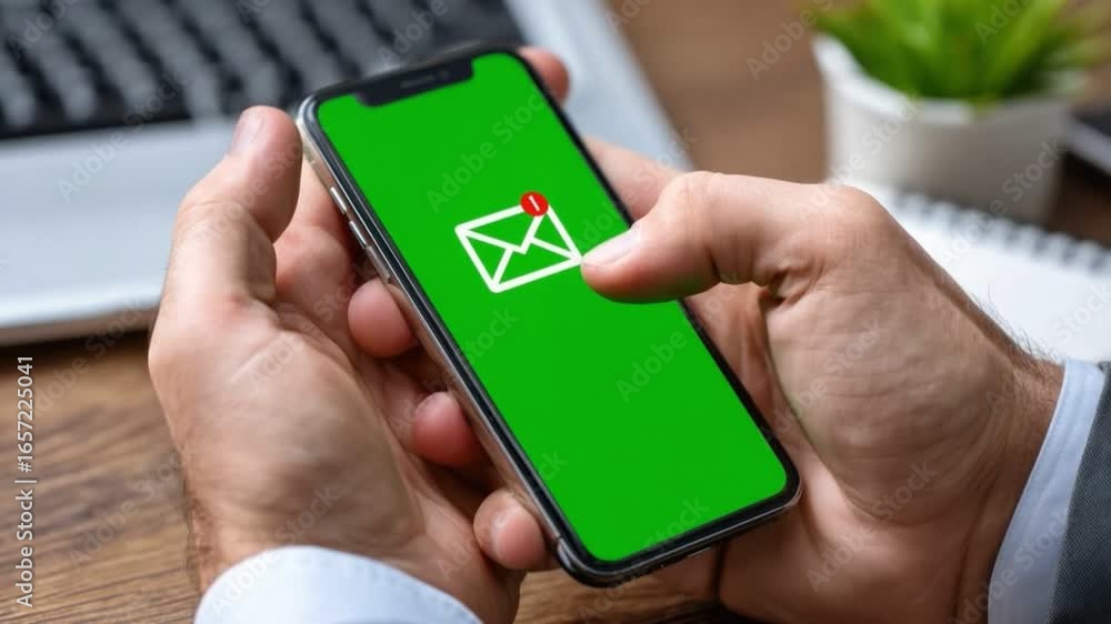 Poster a person using a smartphone to check emails, with a notification symbol. this image captures the ess