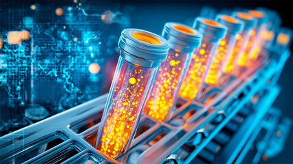  Row of glowing laboratory vials on an automated rack, symbolizing modern biotech production, data driven experiments, and high throughput research efficiency.
