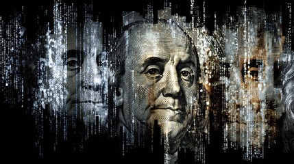 Modern artistic composition of US dollar bills dissolving into digital pixels and binary code, symbolizing digital economy, fintech, cryptocurrency, and the transformation of money. 