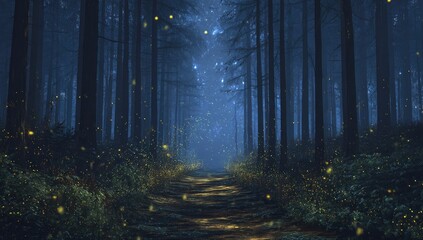 Naklejka premium Enchanting night forest path illuminated by fireflies (4)