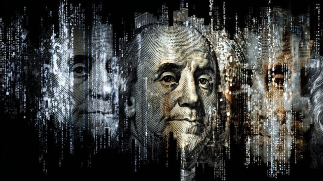 Modern artistic composition of US dollar bills dissolving into digital pixels and binary code, symbolizing digital economy, fintech, cryptocurrency, and the transformation of money. 