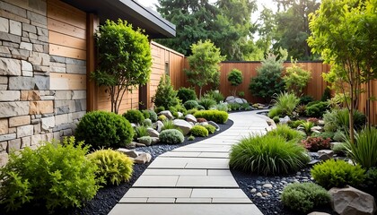 A modern garden pathway winding through a meticulously landscaped backyard.