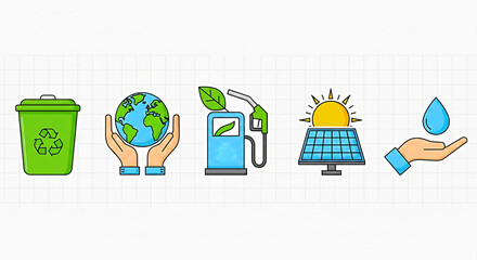 Sustainable energy icons for a greener planet including recycling, solar power, and clean water initiatives