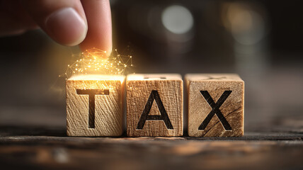  Wooden cubes spelling tax glow with a digital spark, symbolizing modern automated filing and intelligent financial tools.
