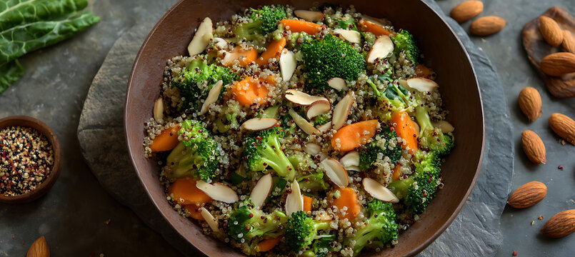 Broccoli quinoa salad recipe with carrots and almonds for healthy eating and vegan lifestyle ideas