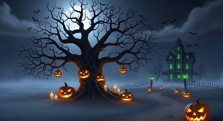 Spooky Halloween Night Scene with Fog and Glowing Lights