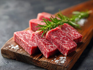 High-quality Marbled Beef Cuts Displayed on Wooden Board With Rosemary Garnish