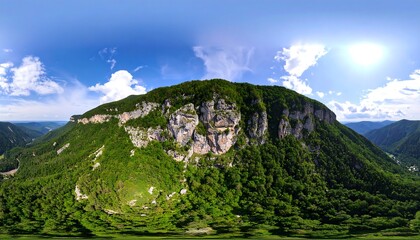 Panoramic view of a mountain range with lush greenery and dramatic cliffs.