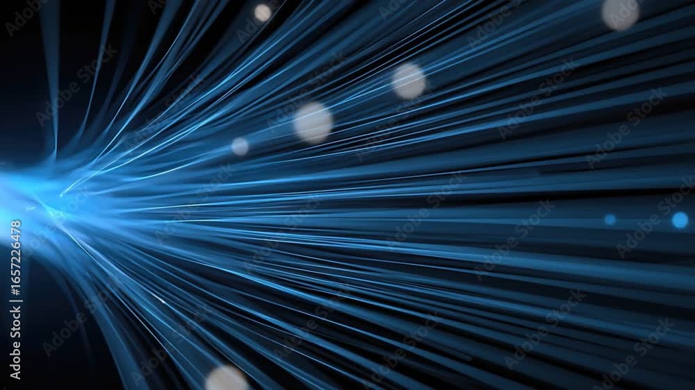 Poster an abstract representation of light trails in blue and white, symbolizing data transfer and communic