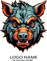 Fierce Wild Boar Head Mascot Logo Angry Razorback Hog Cartoon Design for Sports Team Branding .