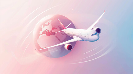 Airplane flying across globe logo for International Civil Aviation Day, clean modern vector style, pastel background