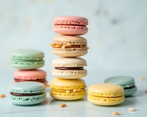 Fototapeta premium Almond Macaron Perfection: Colorful almond macarons stacked neatly, showcasing delicate shells, creamy almond filling, and pastel elegance.