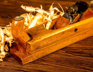 Wooden plane on a workbench strewn with wood shavings