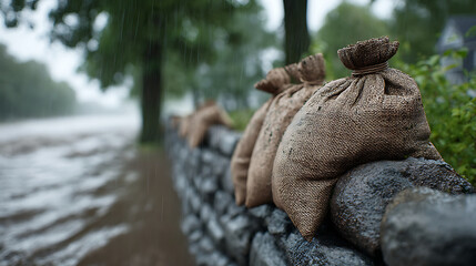 Obraz premium Sandbags Line a Stone Wall During a Heavy Rainstorm to Protect Against Rising Floodwaters in a Rural Area