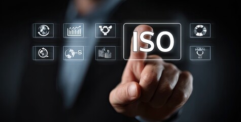 Person selecting ISO standard on touchscreen interface, surrounded by relevant icons