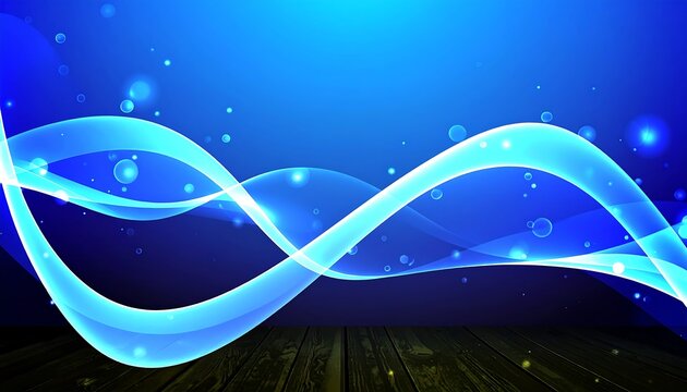 A dynamic backdrop features swirling, luminous blue waves over a dark wooden floor, accented by sparkling particles.