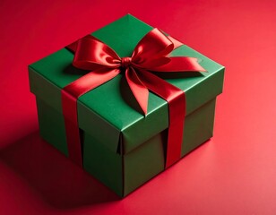 Obraz premium Green gift box with red ribbon