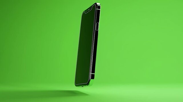 Modern Smartphone with Blank Screen on a Green Background. Perfect for technology presentations, UIUX showcases, or product demonstrations.