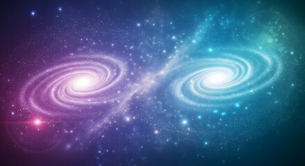 Two vibrant spiral galaxies intertwining in a cosmic display of swirling nebulae and distant starlight.