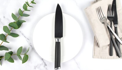 Empty white plate with knife and utensils on marble surface.