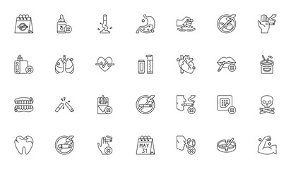 No Tobacco Day icon set. Health vector illustrations. Featuring no smoking, cigarette, lungs, heart, vape, teeth, ashtray, calendar and more. Editable stroke.