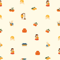 Fototapeta premium Chuseok traditional pattern, persimmon, rabbit and girl in hanbok, cute festive illustration background
