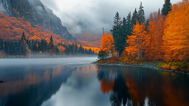 A serene autumn landscape with vibrant foliage reflected in a misty lake, surrounded by mountains.