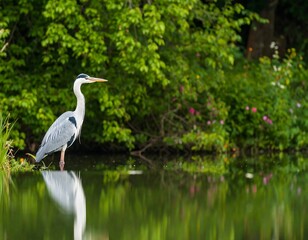 Grey heron by a calm river
