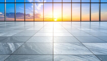 An empty modern office space with large windows showcasing a breathtaking sunrise.