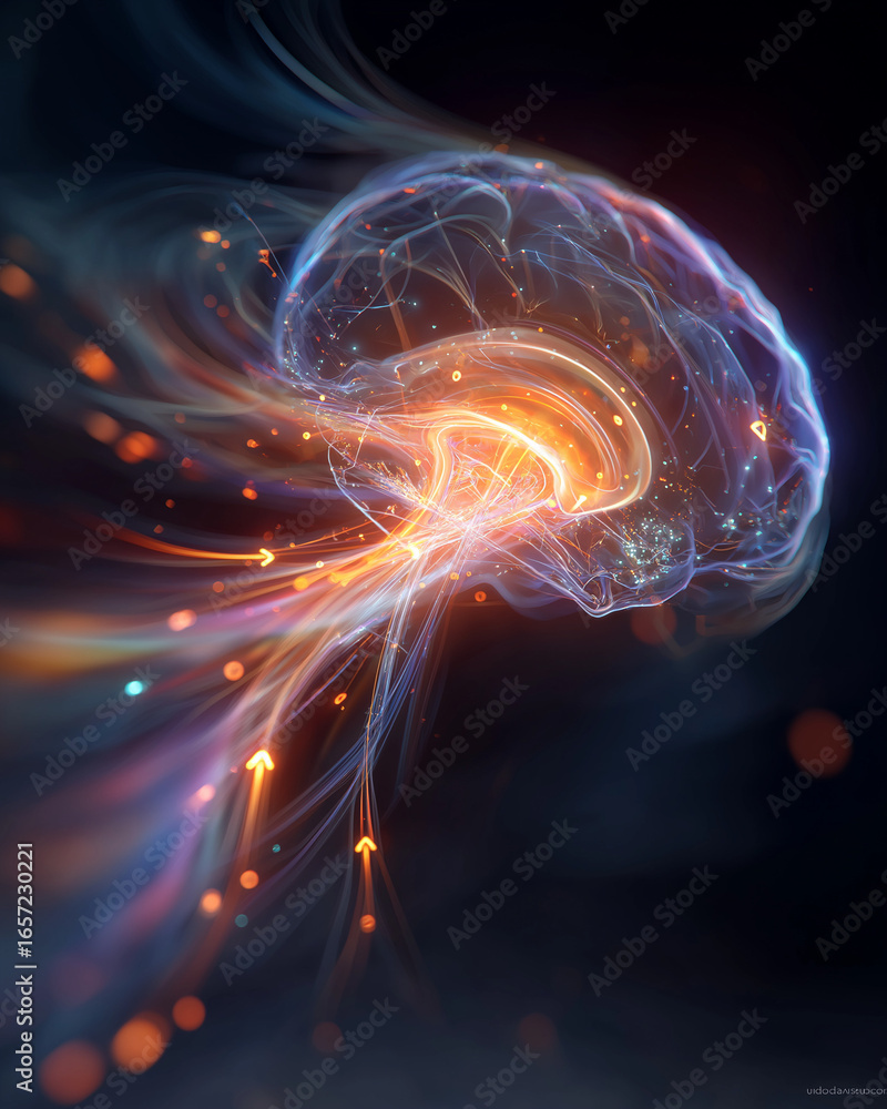 Poster brainwave of idea: a vibrant and intricate depiction of the human brain, aglow with an energy field.