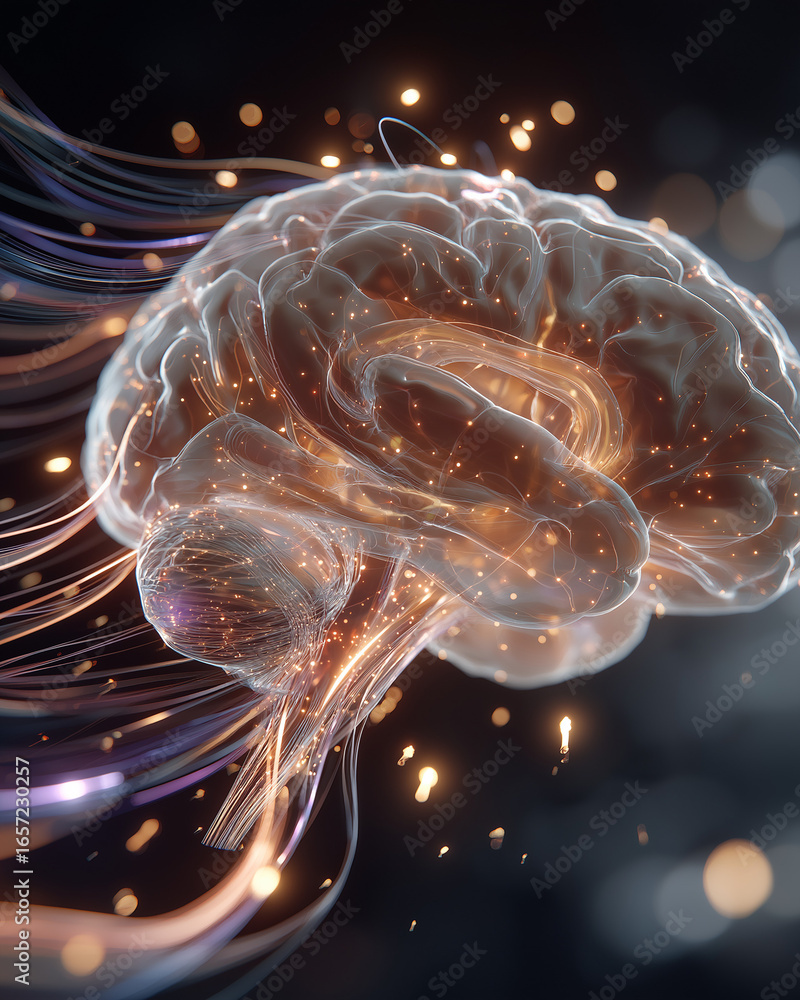 Poster brain's network of thought: a captivating, translucent brain model glows with intricate, interconnec