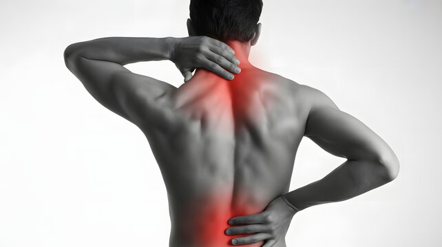 Man Experiencing Back and Neck Pain. Concept for health, medicine. Use for ads, marketing.