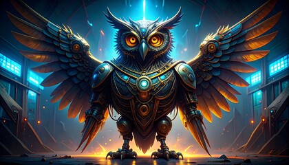 A magnificent, steampunk owl stands guard in a futuristic, glowing facility, showcasing intricate details and vibrant colors.