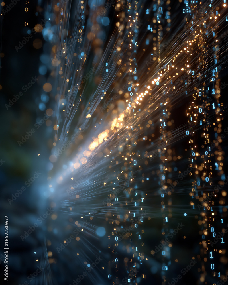 Poster digital universe: an ethereal, luminous display of connected data points and glowing fiber optics, r