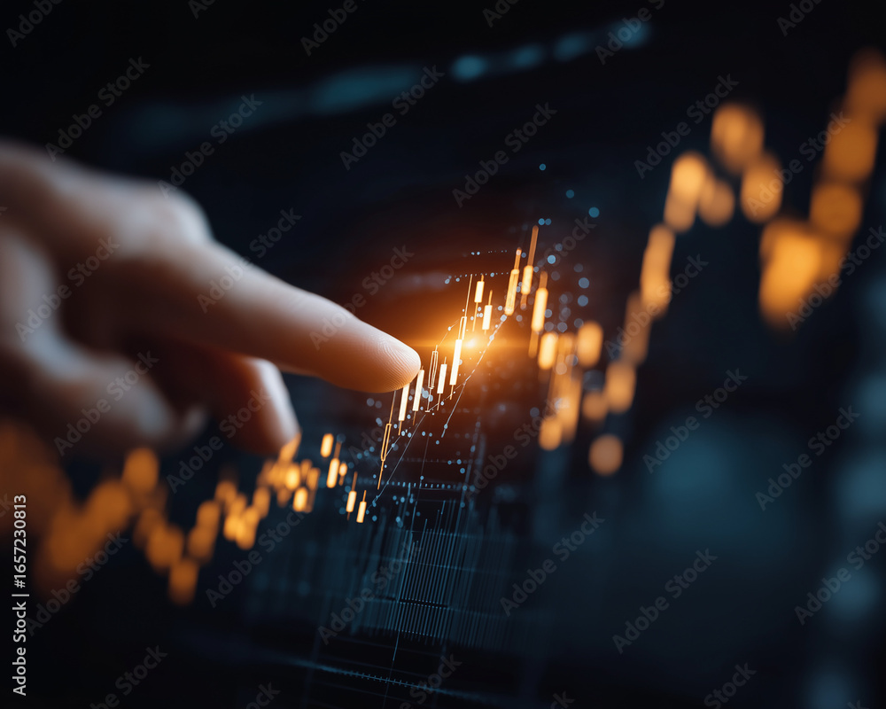 Poster touching the tides: a close-up of a hand interacting with a glowing stock chart, with light, emphasi