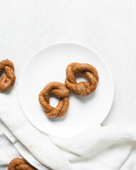 Overhead view of alkaki northern nigerian snack, Hausa doughnut made with wheat and sugar paste or honey