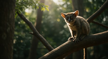 Obraz premium Lemur on branch in sunlight