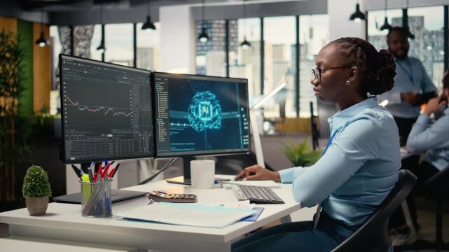 Equity analyst uses AI for companies earnings research to assess stock market value, taking notes. Trader conducts financial analysis to improve investments using artificial intelligence, camera A - Powered by Adobe