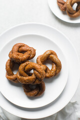 Overhead view of alkaki northern nigerian snack, Hausa doughnut made with wheat and sugar paste or honey