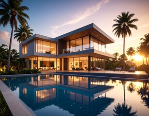 Obraz premium Luxury Modern Mansion with Infinity Pool at Sunset