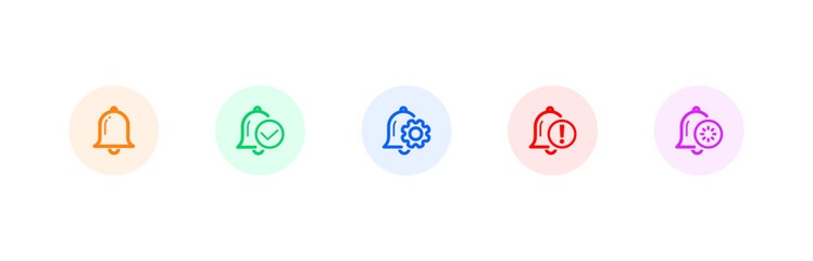 A series of circular, colorful icons depicting a bell for notifications, with different states like default, checked, settings, alert, and time.
